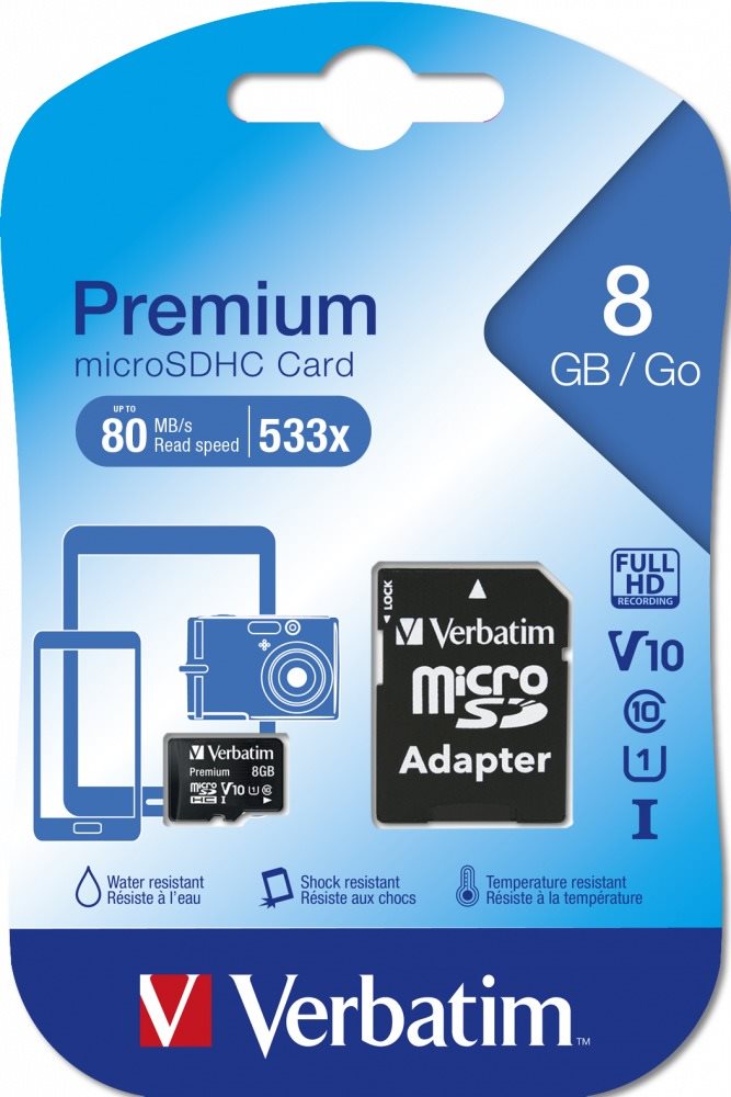 Verbatim MicroSDHC 8GB Class 10 + SD adapter Memóriakártya