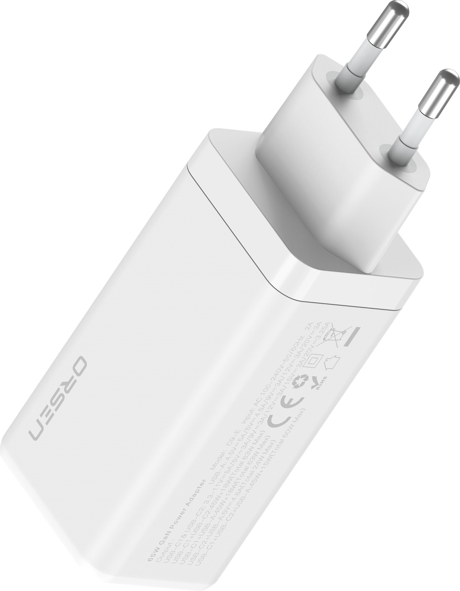 Eloop Orsen GaN 65W Charger Dual USB-C + USB-A White AC Adapter