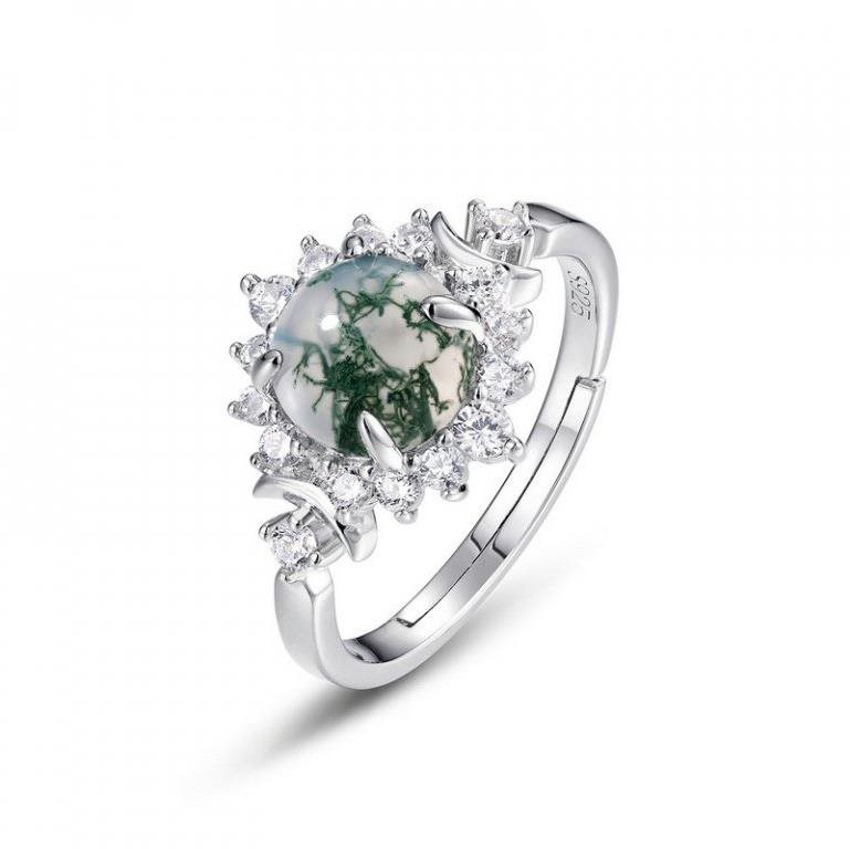 Flor de Cristal Stříbrný prsten Caroline s mechovým achátem a...