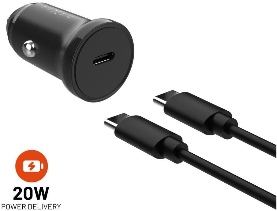 FIXED Car USB-C kimenet + USB-C/USB-C kábel, PD, 1 m, 20 W, fekete...