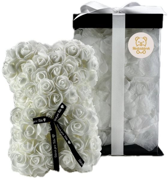 Medvídárek Romantic 25 cm bílý zasypaný bílými lístky Medvedík z ruží