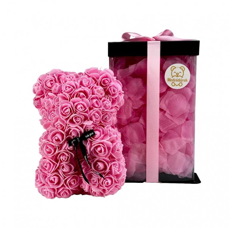Medvídárek Romantic medvídek z růží 25 cm růžový zasypaný růžovými...