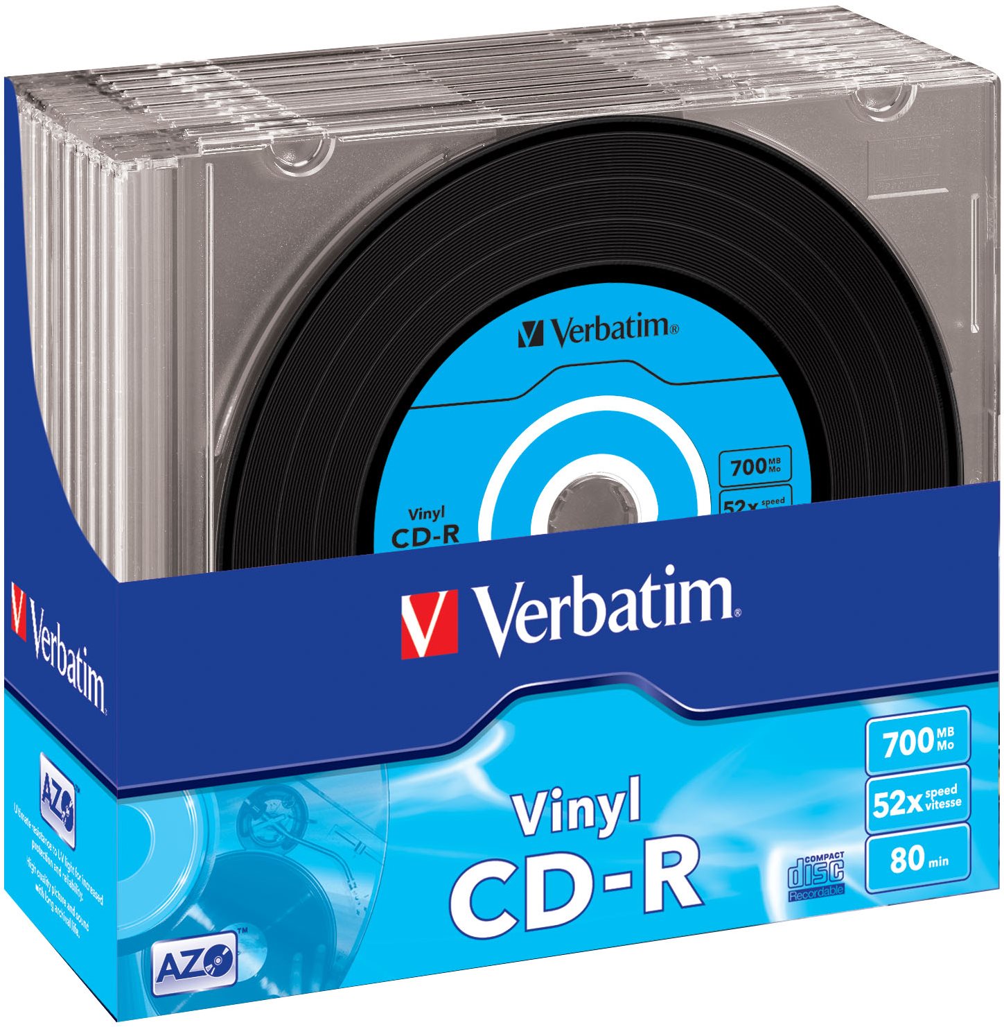 VERBATIM CD-R AZO 700MB, 52x, vinyle, boîtier CD étroit 10 pcs Média