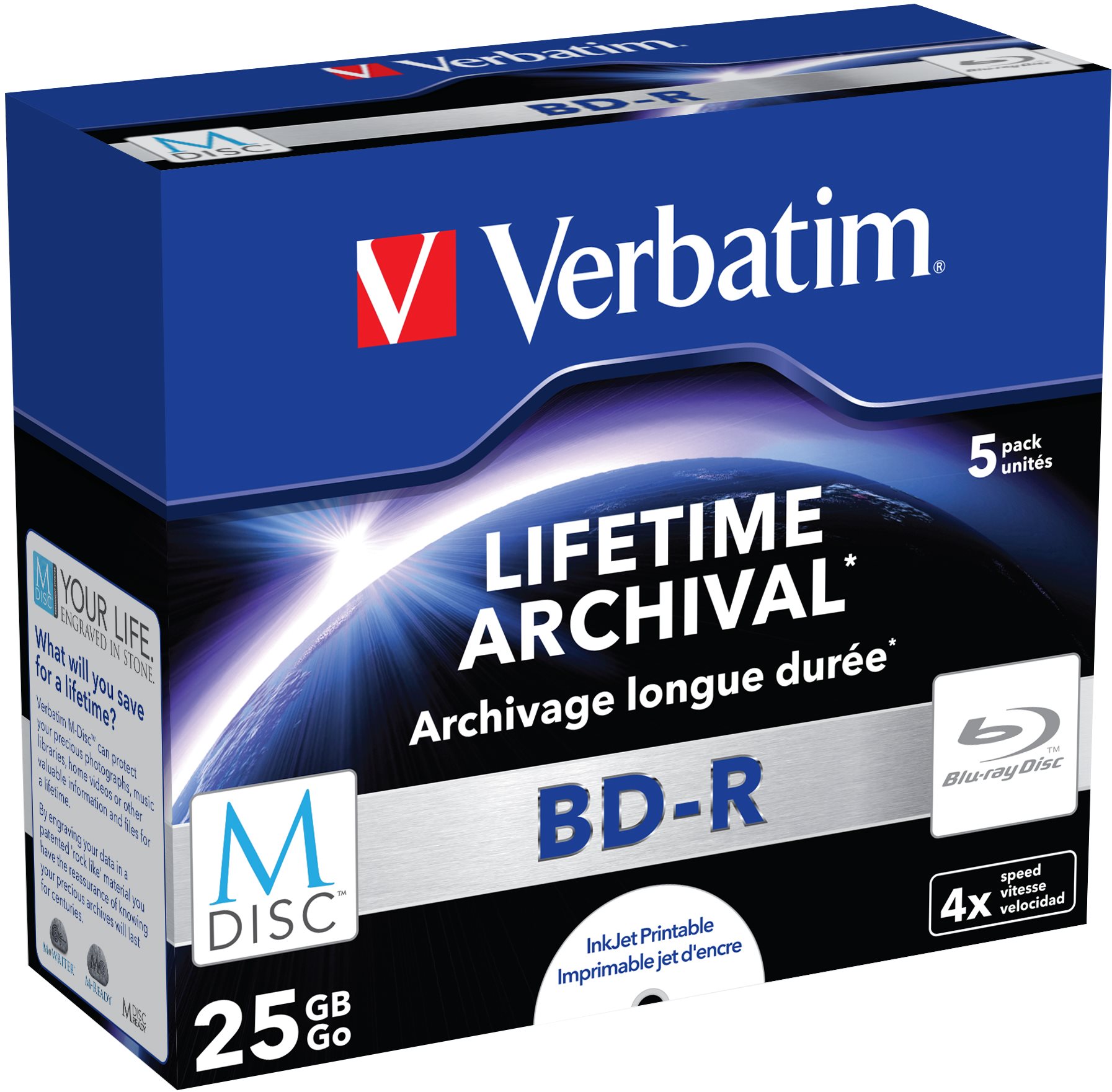 VERBATIM M-DISC BD-R SL 25GB, 4x, printable, jewel case 5 pcs Média