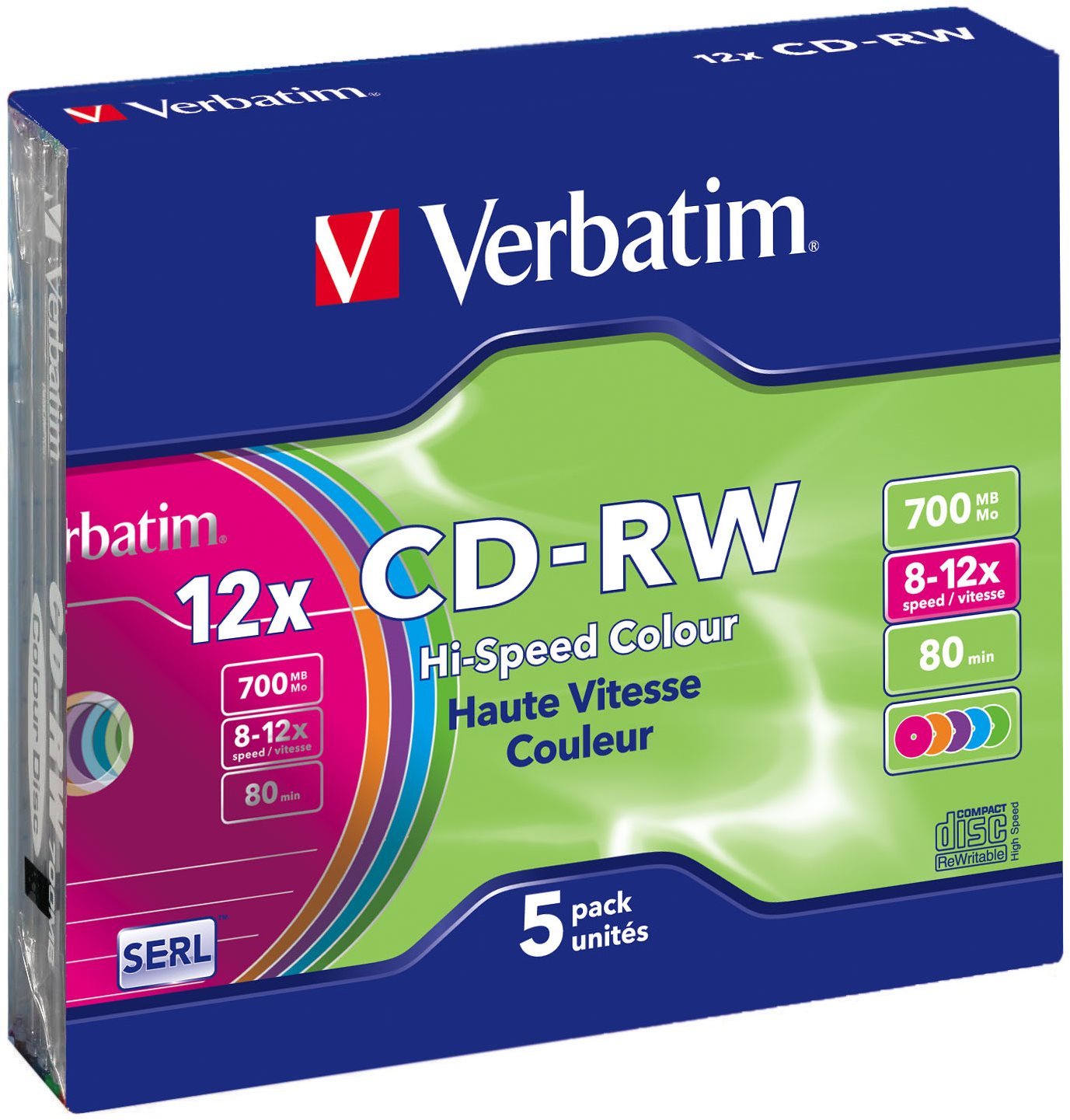 VERBATIM CD-RW SERL 700MB, 12x, colour, slim case 5 pcs Média