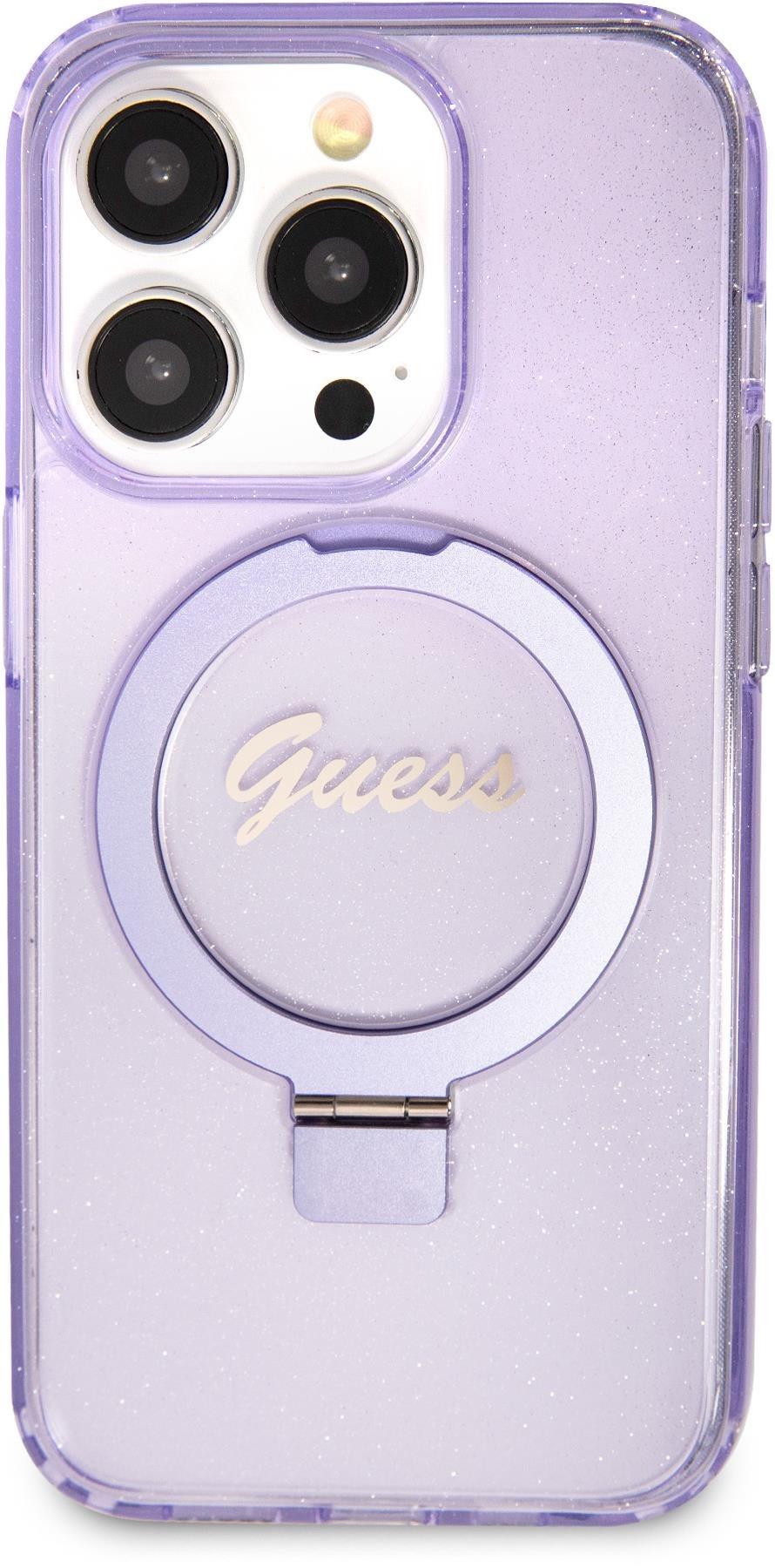 Guess IML Ring Stand Glitter iPhone 15 Pro MagSafe lila tok Telefon...