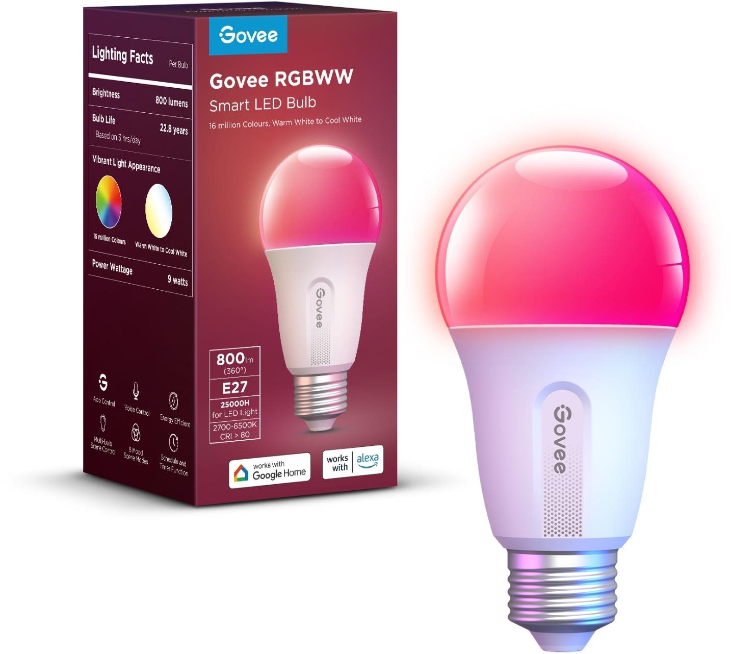 Govee Smart RGBWW 9 W-60 W, 800 lm, E27, Long Life LED-Birne