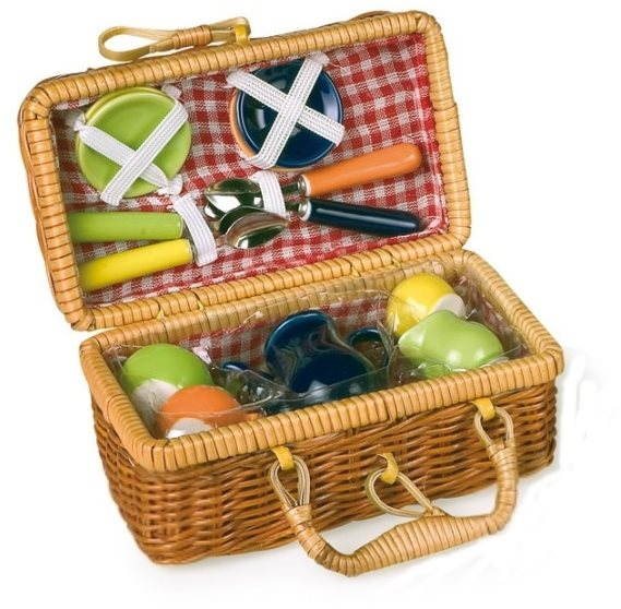 Picknickkorb mit farbigem Keramikgeschirr Geschirr für Kinderküchen