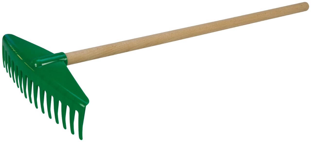 Hrable 60 cm s drevenou rukoväťou v sieťke s držiakom Detské náradie