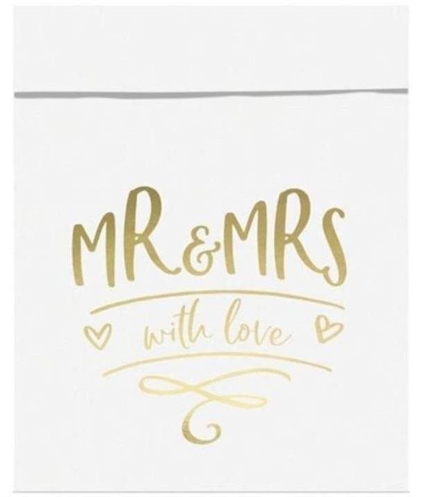 Papierové vrecká na sladkosti Mr & Mrs biele – Svadba – 13 × 14 cm...