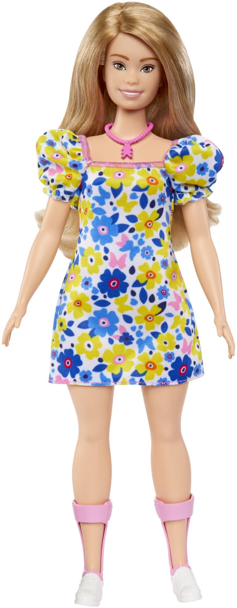 Barbie Modelka – Šaty s modrými a žltými kvetinami Bábika