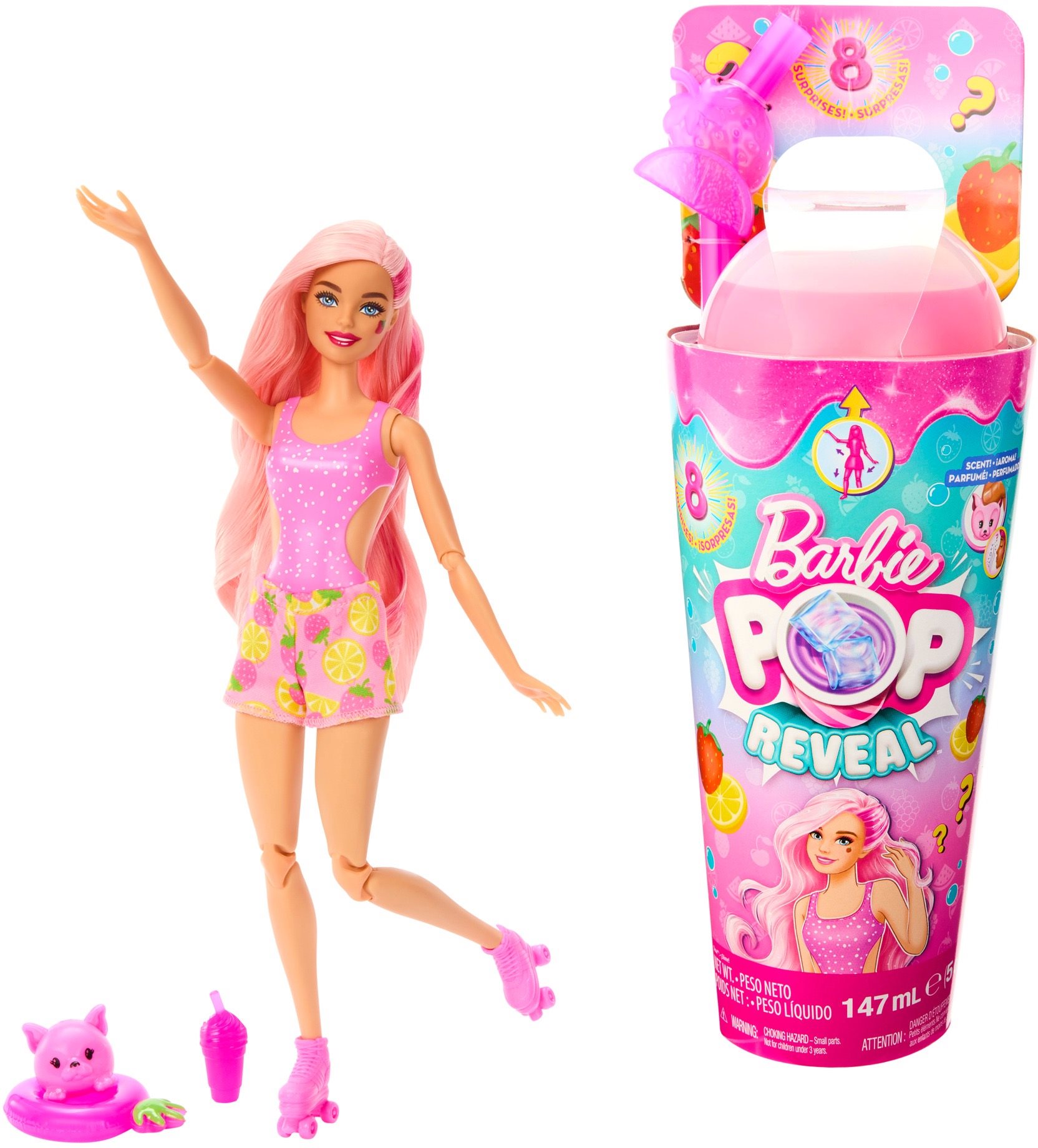 Barbie Pop Reveal Barbie šťavnaté ovocie – Jahodová limonáda Bábika