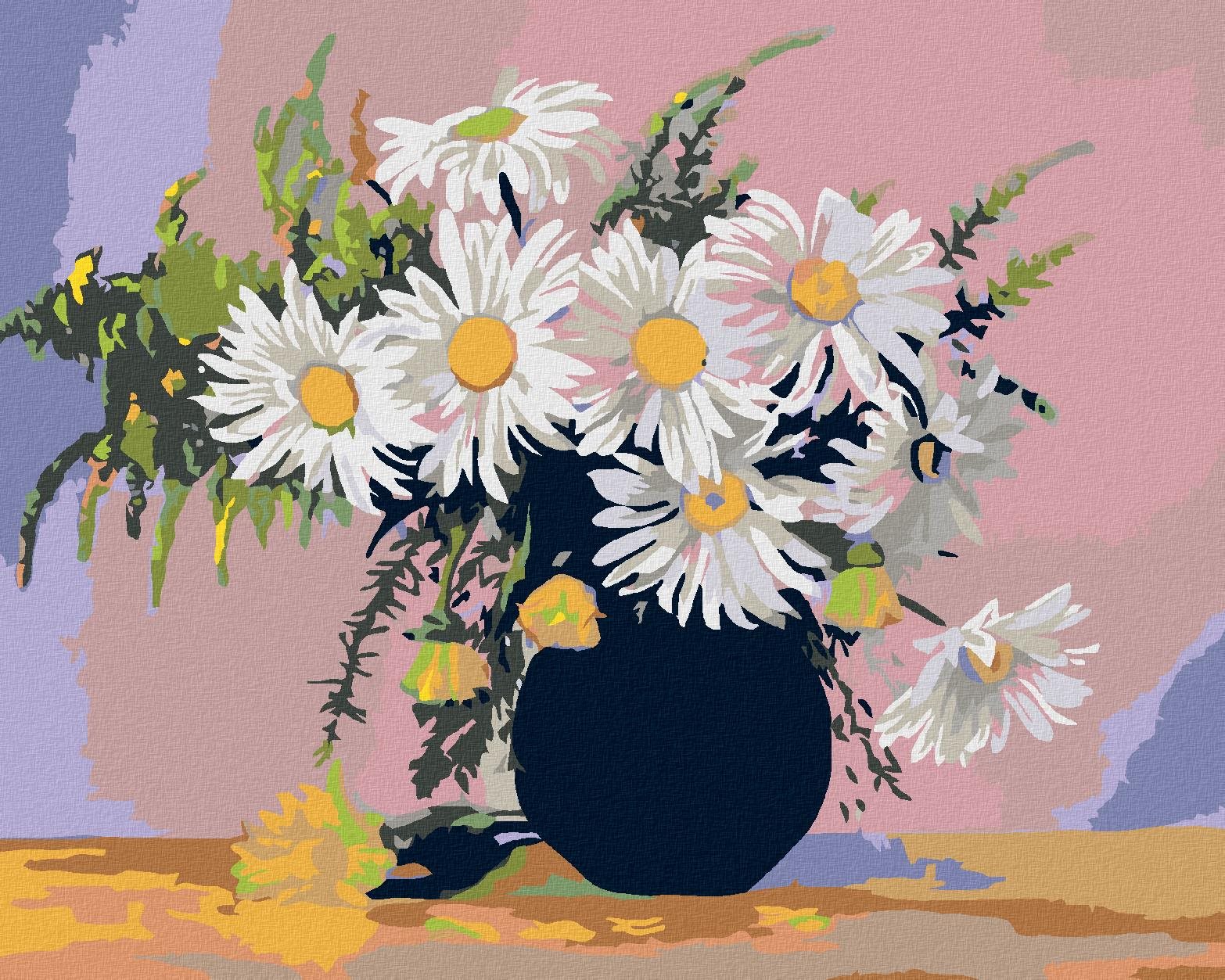 Malování podle čísel - Kopretiny v černé váze, 50x40 cm, vypnuté...