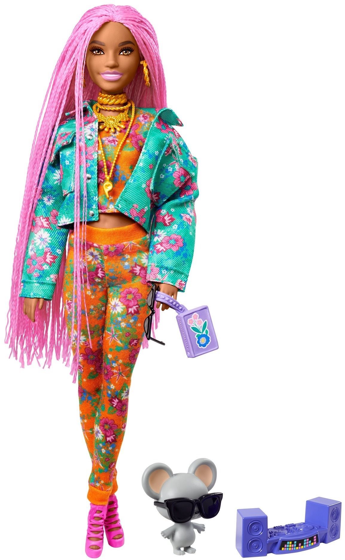 Barbie Extra - avec tresses roses et legging a fleurs Poupée