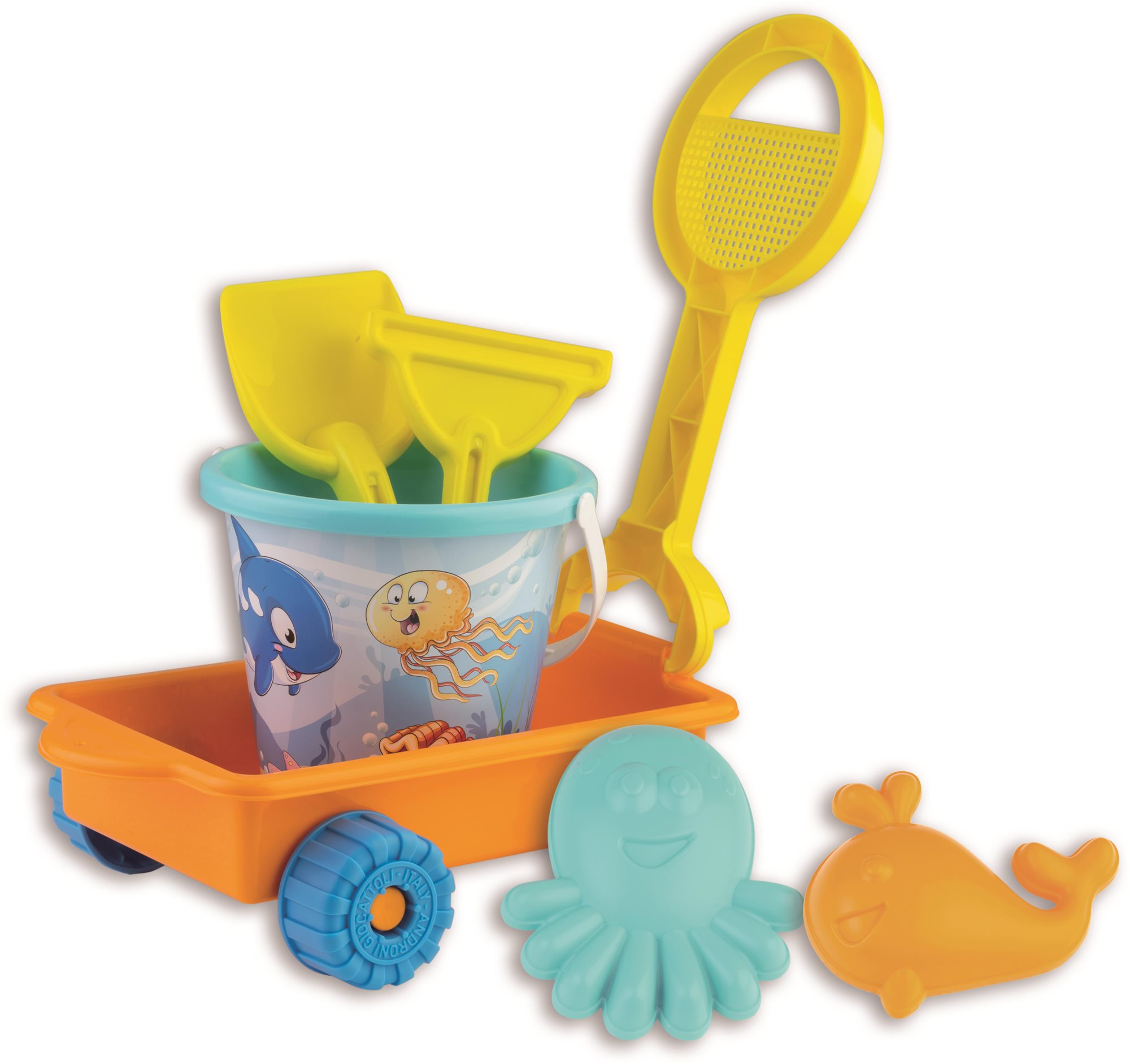 Androni Sandkasten-Set Glücklicher Fisch mit Wagen Sandspielzeug-Set