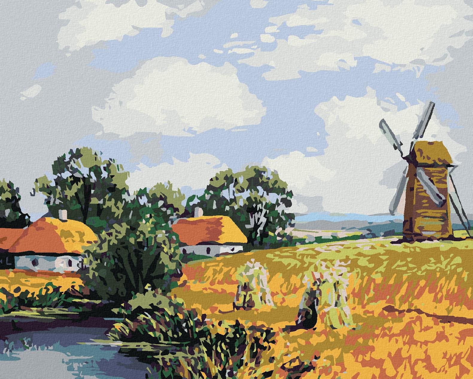 Diamondi – Diamantové maľovanie – POĽNÁ KRAJINA S MLYNOM, 40 × 50...