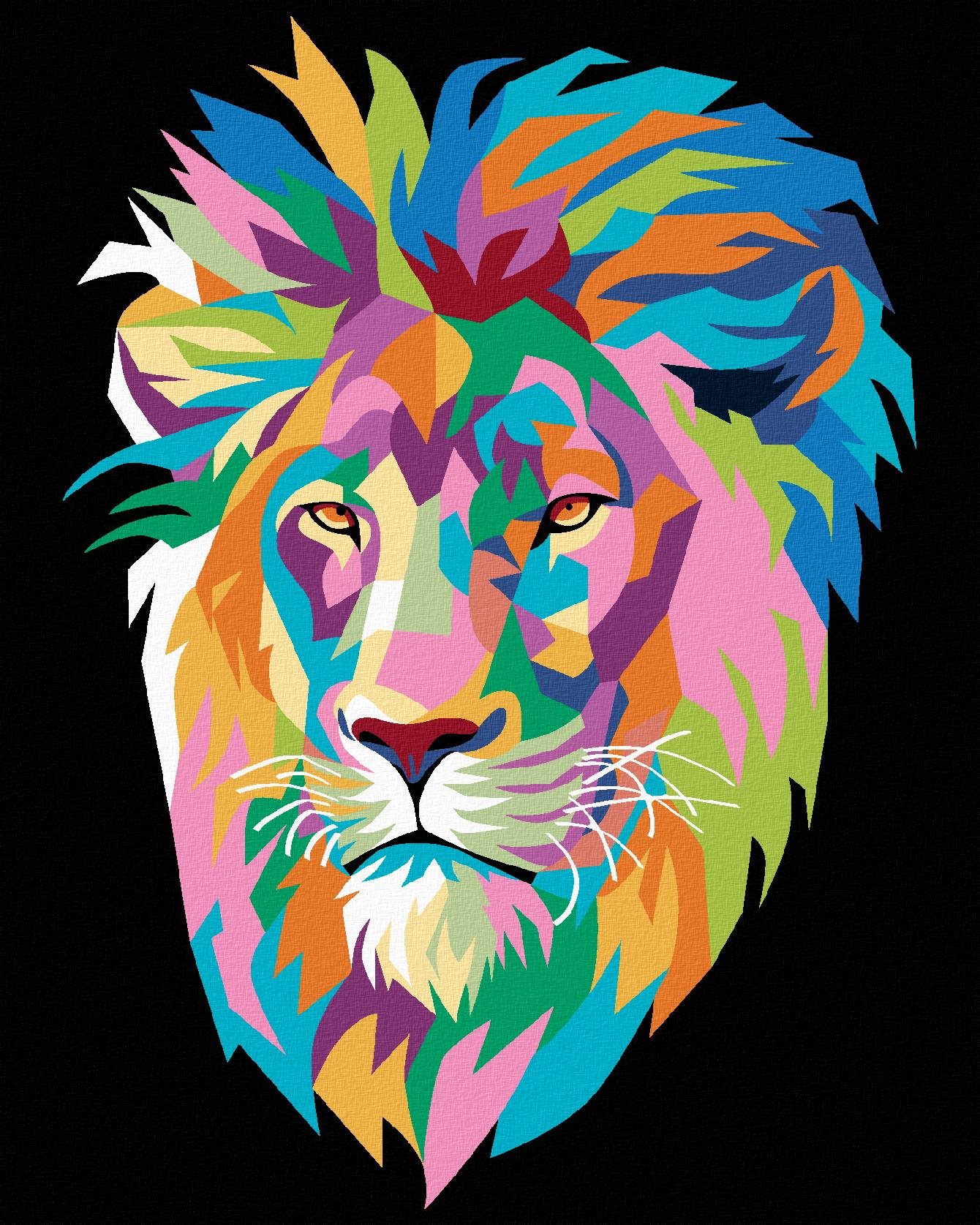 Diamondi – FAREBNÝ LEV NA ČIERNOM POZADÍ, 40 × 50 cm, bez rámu a...