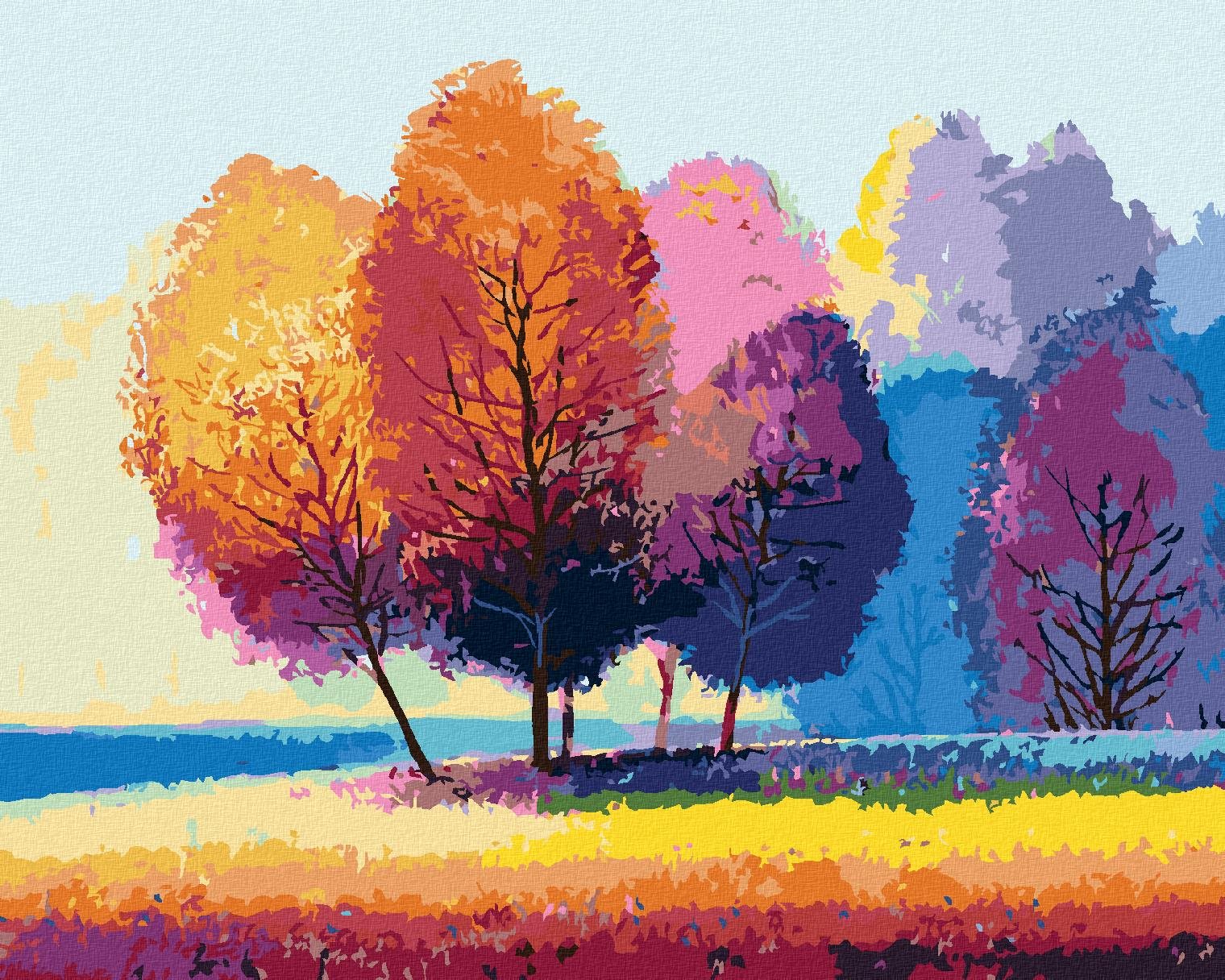Farebné stromy na okraji lesa, 80 × 100 cm, vypnuté plátno na rám...