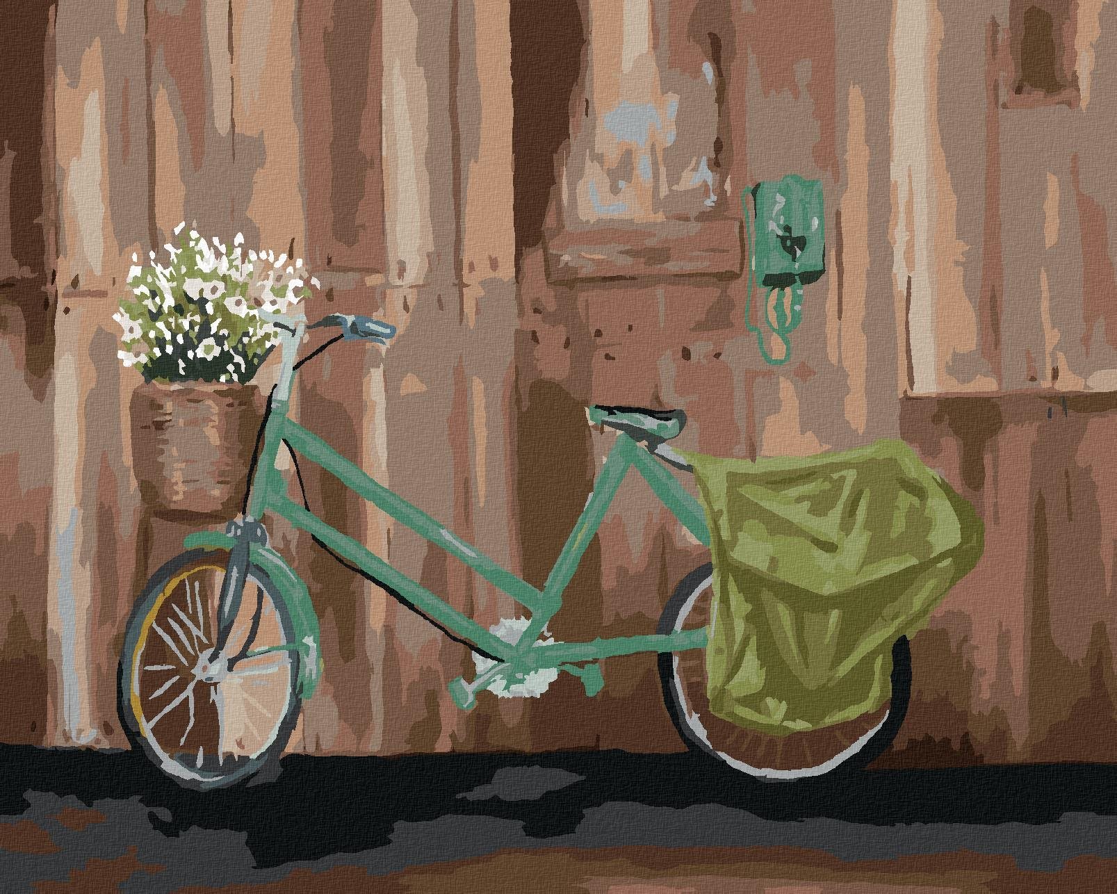Bicykel s košíkom kvetov, 40 × 50 cm, plátno napnuté na rám...