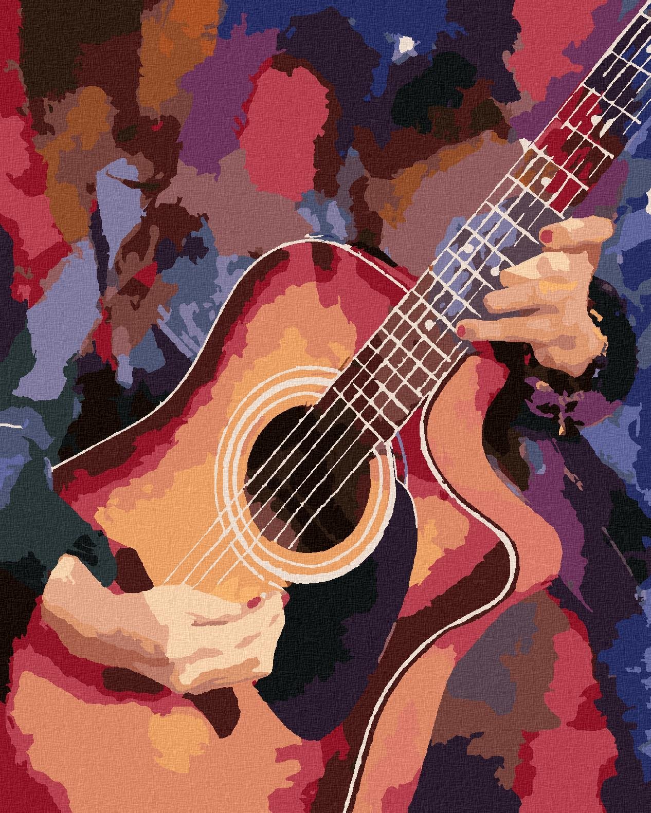 Gitara na farebnom pozadí, 80 × 100 cm, vypnuté plátno na rám...
