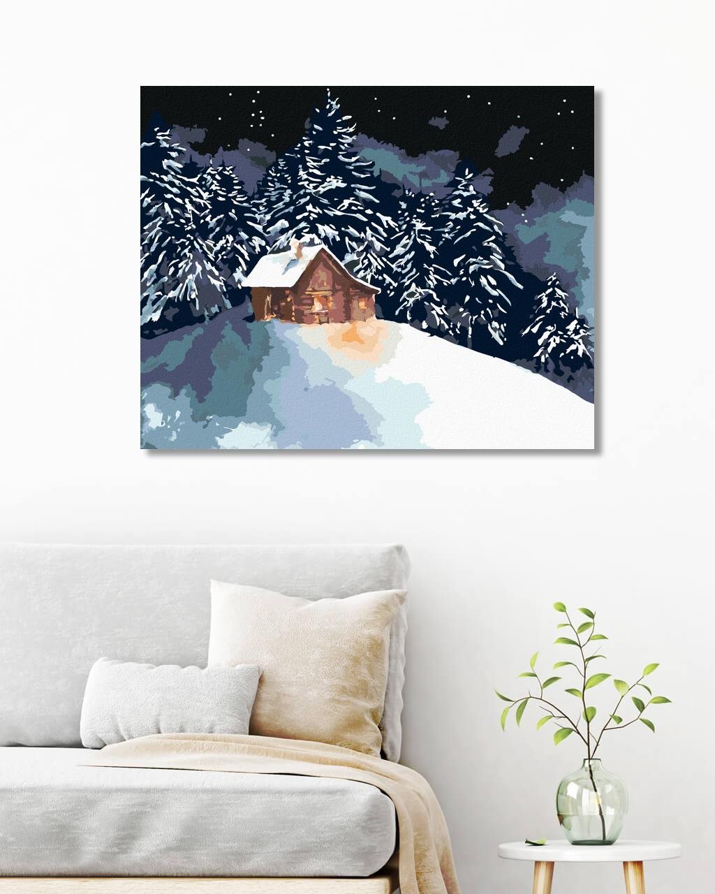 Lesný zrub na zasneženom kopčeku, 40×50 cm, vypnuté plátno na rám...