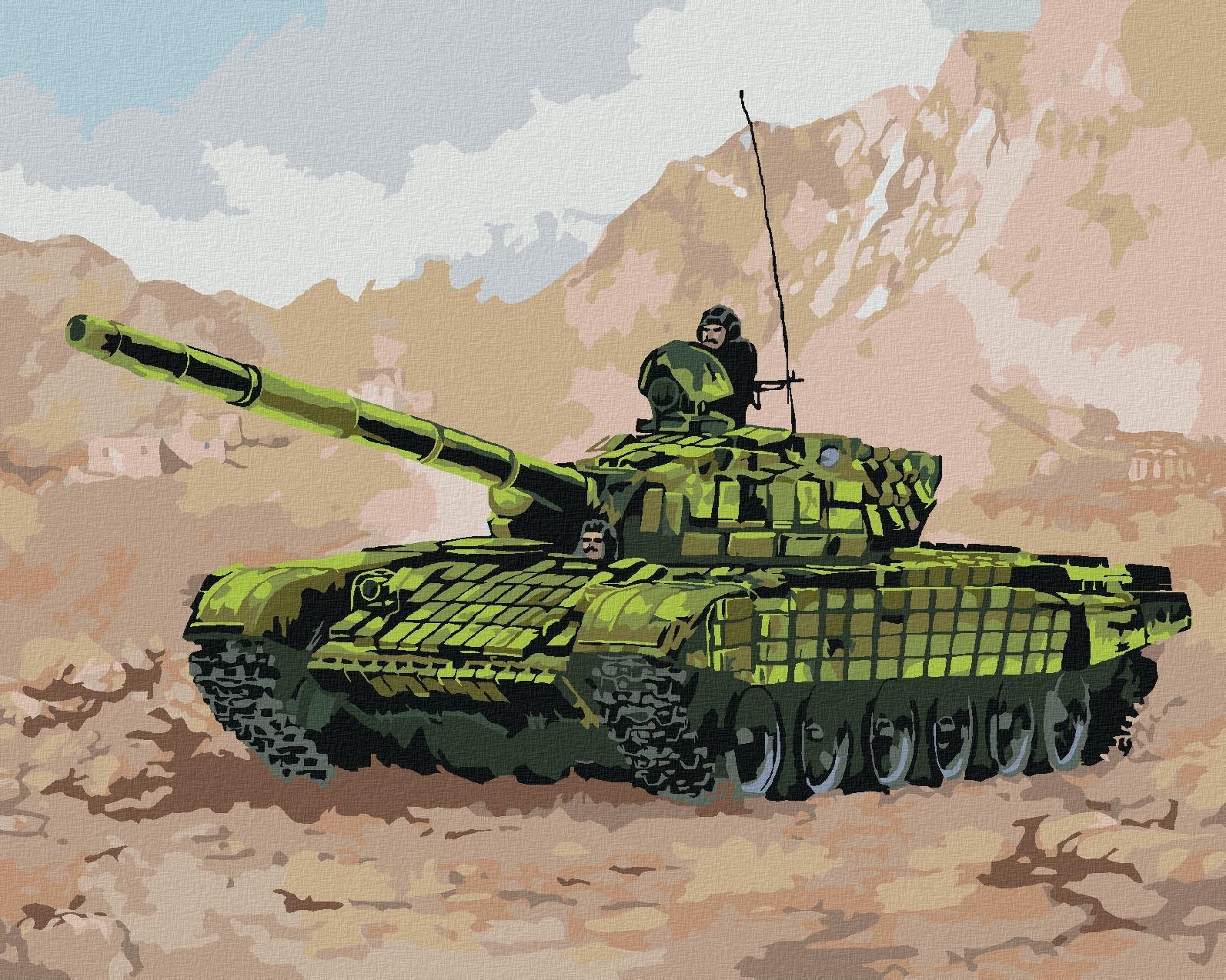 Tank vo vojne v horách, 80 × 100 cm, plátno napnuté na rám...