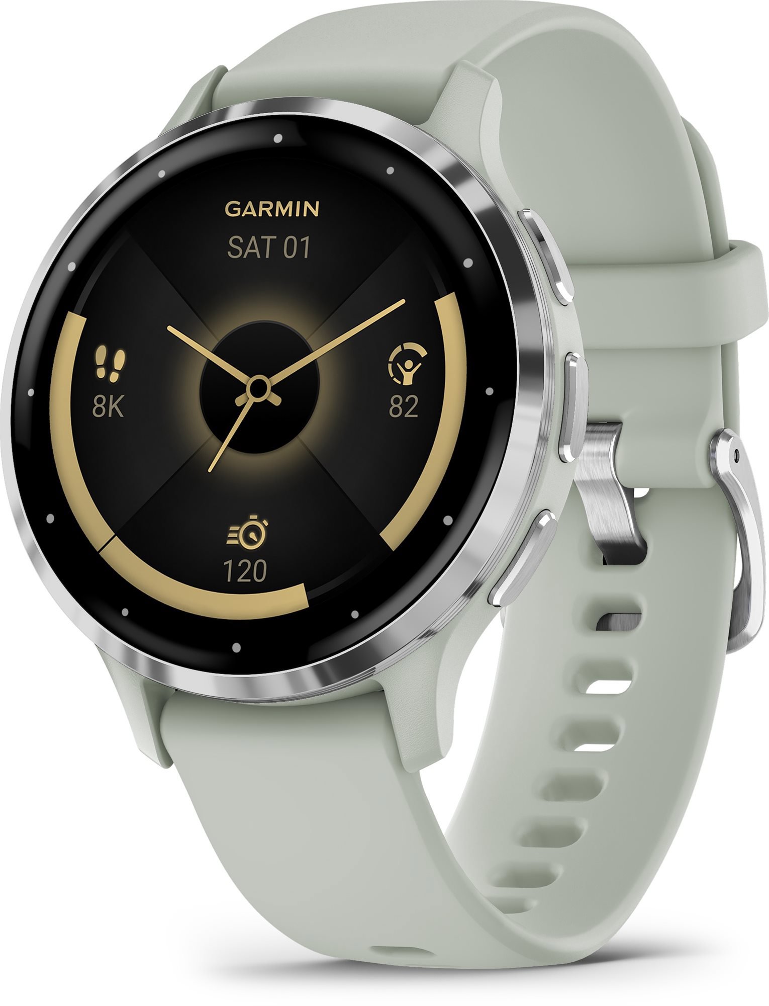 Garmin Venu 3S zsálya, ezüst kerettel, szilikon szíjjal Okosóra