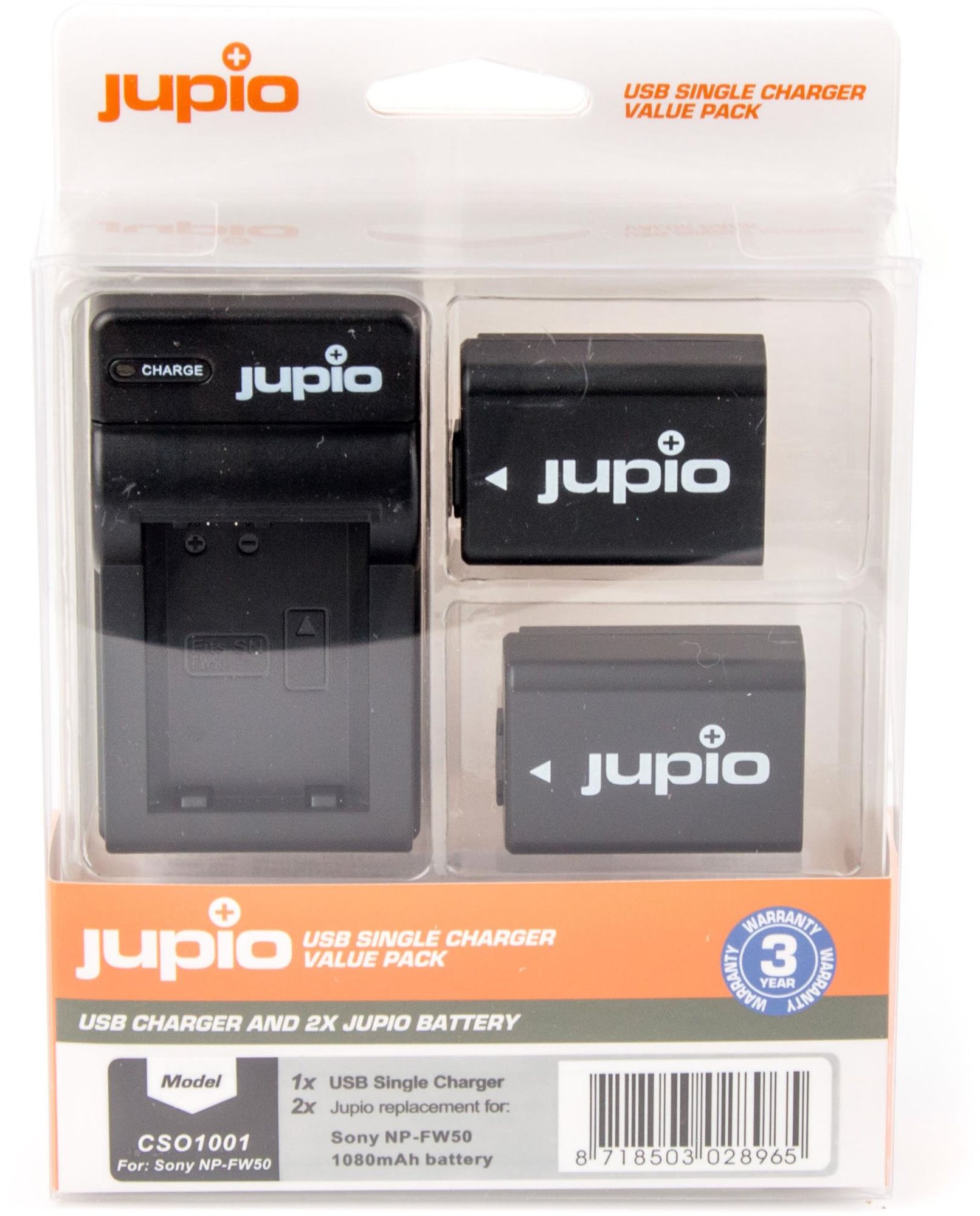 Jupio 2 x NP-FW50 1080 mAh Akku + USB Ladegerät Kamera-Akku
