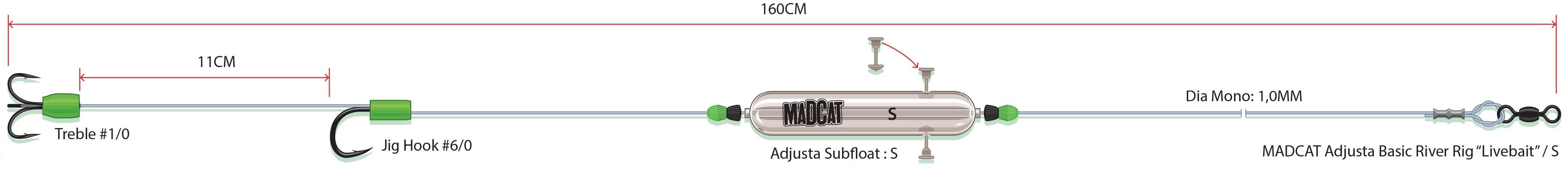 MADCAT Adjusta Basic River Rig „Livebait" S 20 g 160 cm Montáž