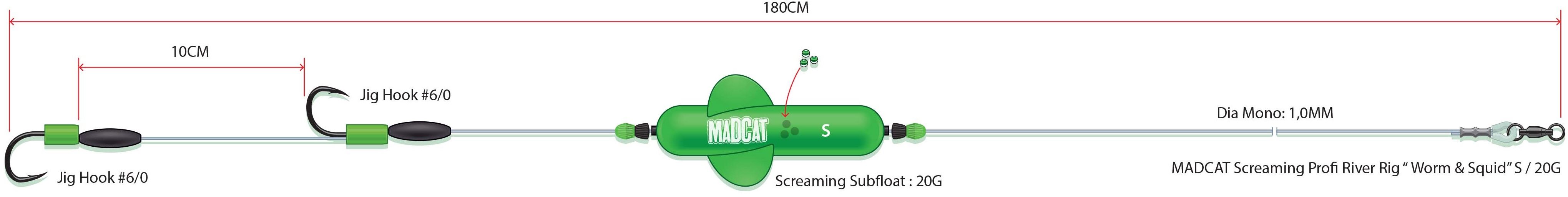 MADCAT Screaming Profi River Rig „Worm & Squid" S 20 g 180 cm Montáž