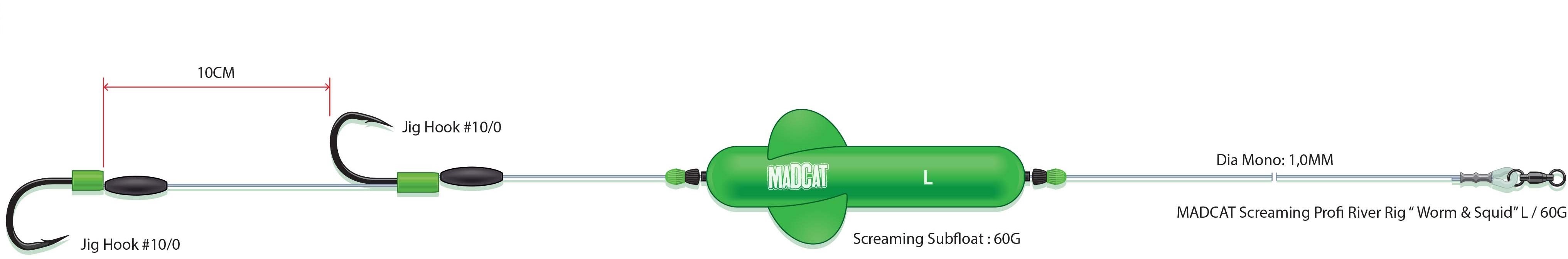 MADCAT Screaming Profi River Rig „Worm & Squid" L 60 g 180 cm Montáž
