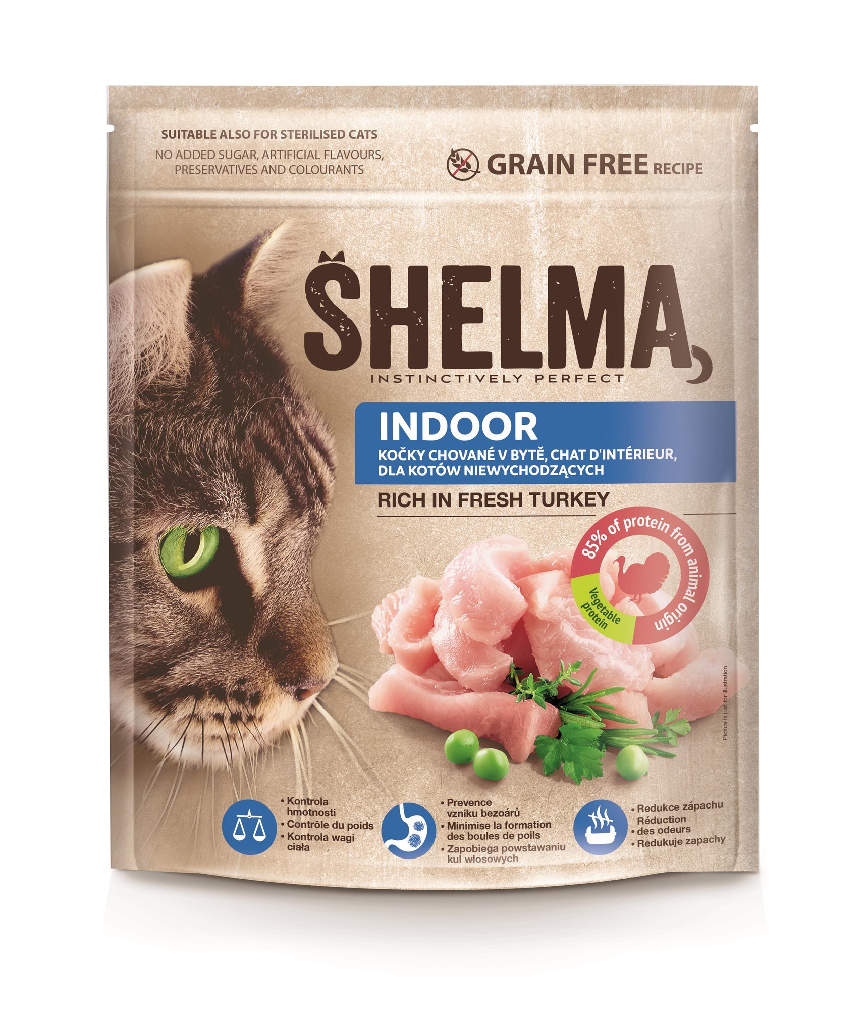 Shelma Indoor granuly bez obilnín s čerstvým morčacím pre dospelé...