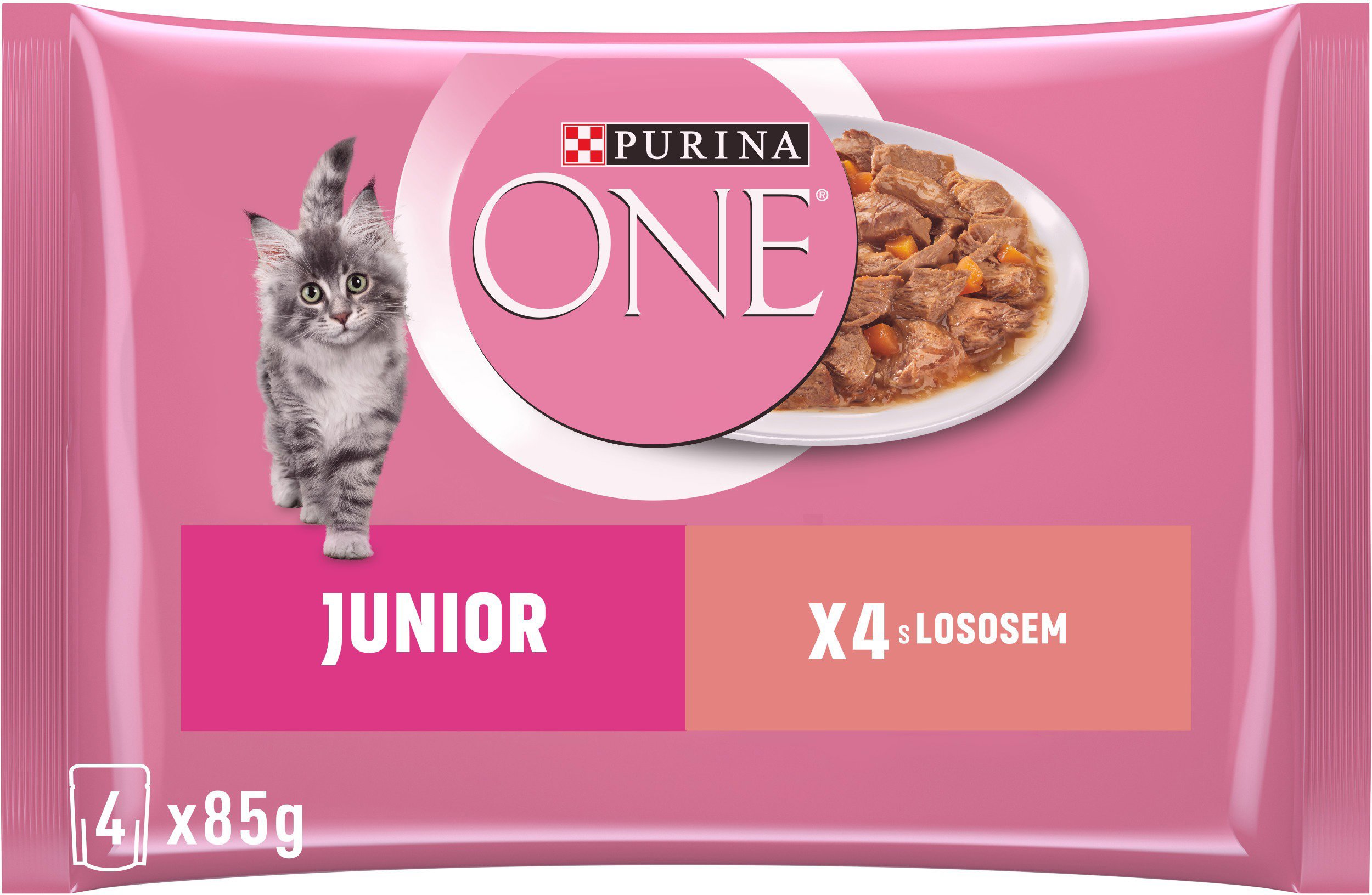 Purina ONE Junior minifiletky s lososom a mrkvou v šťave 4× 85 g...