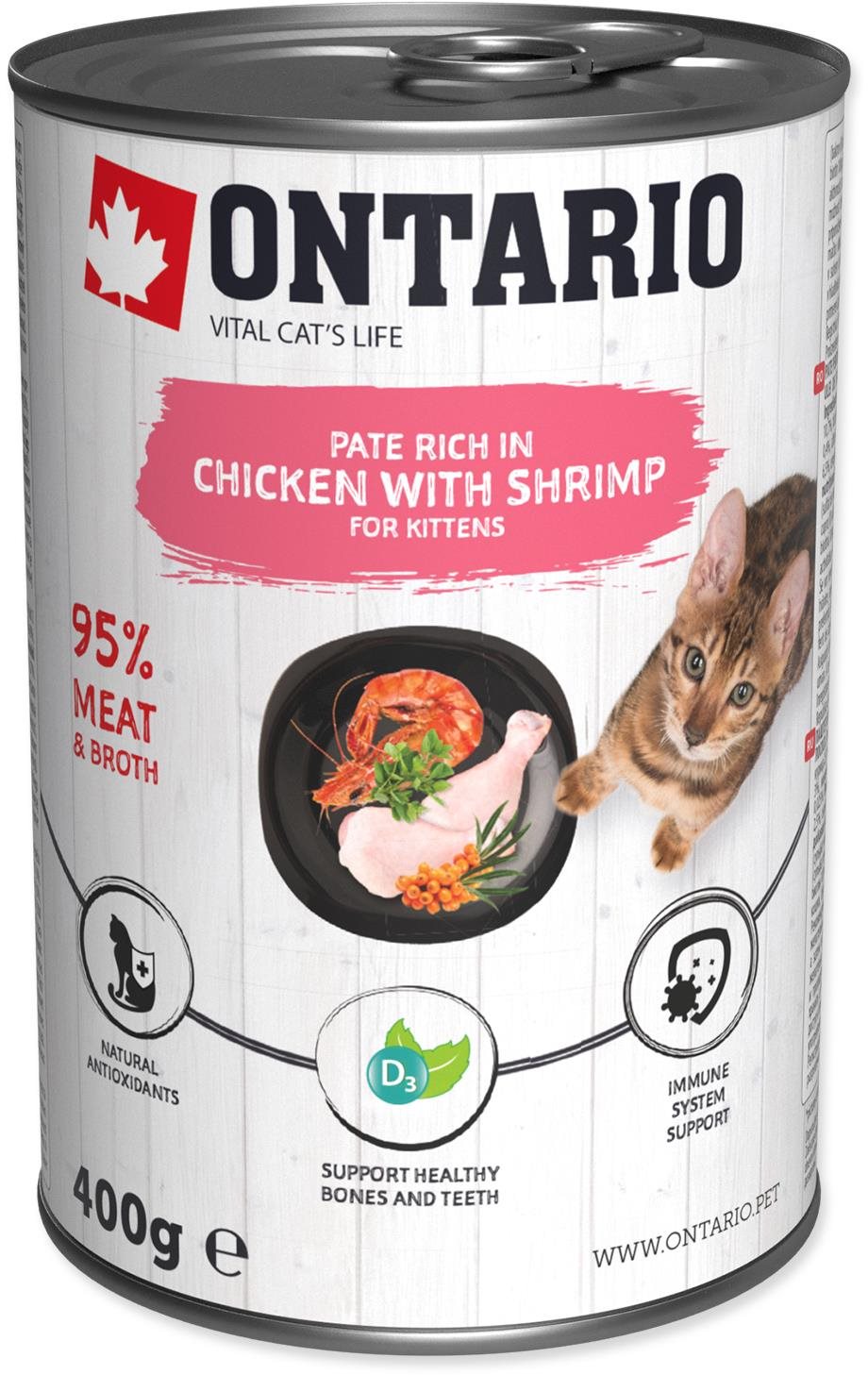 Ontario Konzerva Kitten kuracie paté s krevetami 400 g Konzerva pre...