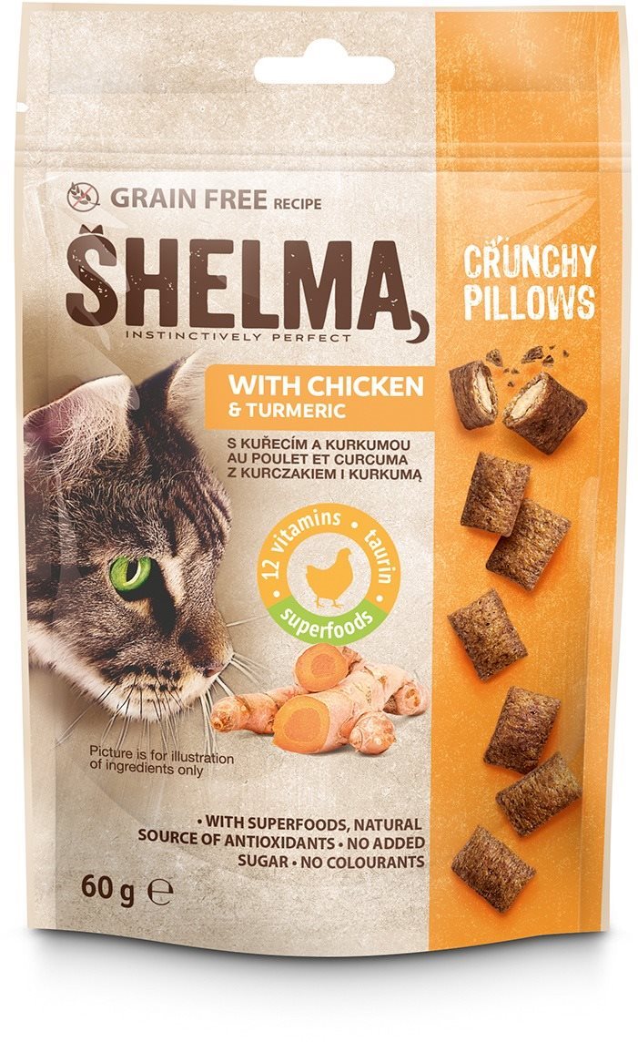 Shelma bezobilné vankúšiky pre mačku s kuracím a kurkumou 60 g...