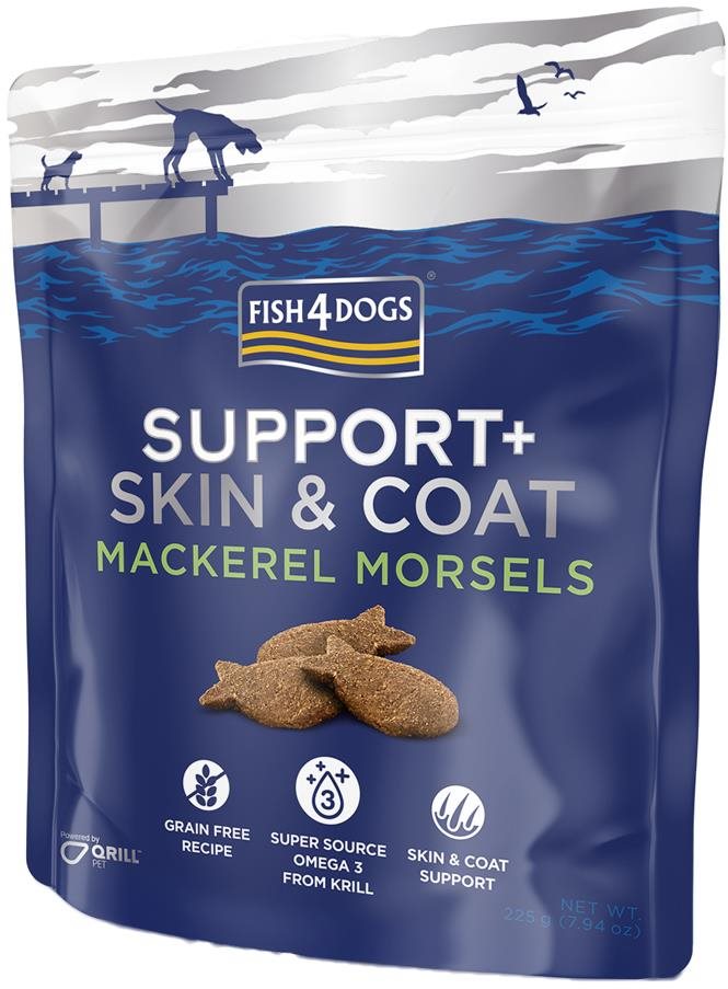 FISH4DOGS Maškrty pre psov na podporu srsti s kúskami makrely 225 g...