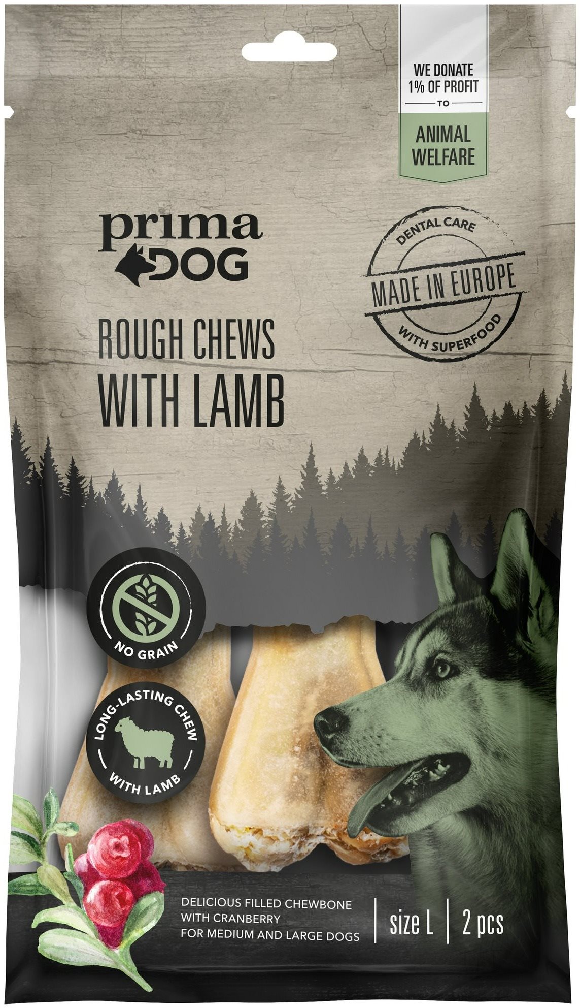 PrimaDog plnené žuvacie kosti Jahňa-Brusnica  L 13,5 cm 140 g Kosť...