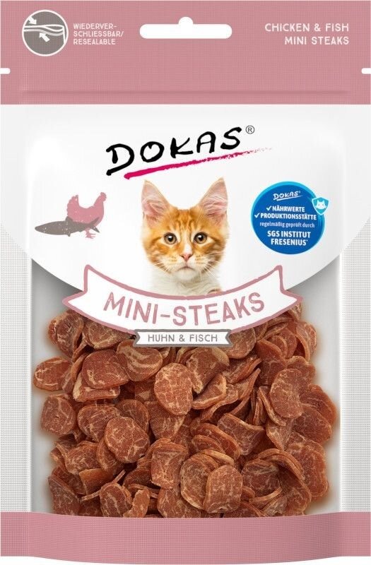 Dokas - Kura a treska mini stejky pre mačky 25 g Maškrty pre mačky