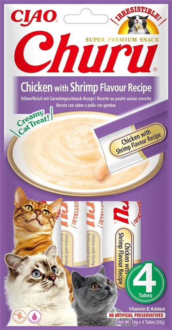 Ciao Churu Cat Kuracie pyré s krevetami 4× 14 g Maškrty pre mačky
