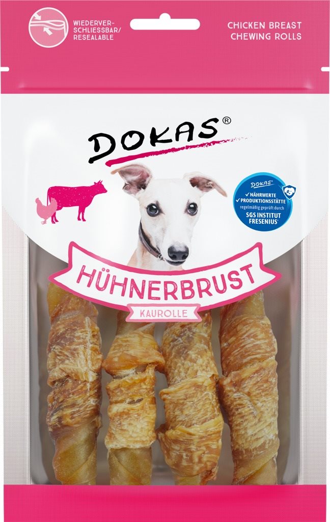 Dokas – Rolky z hovädzej kože obalené kuracím 90 g Maškrty pre psov