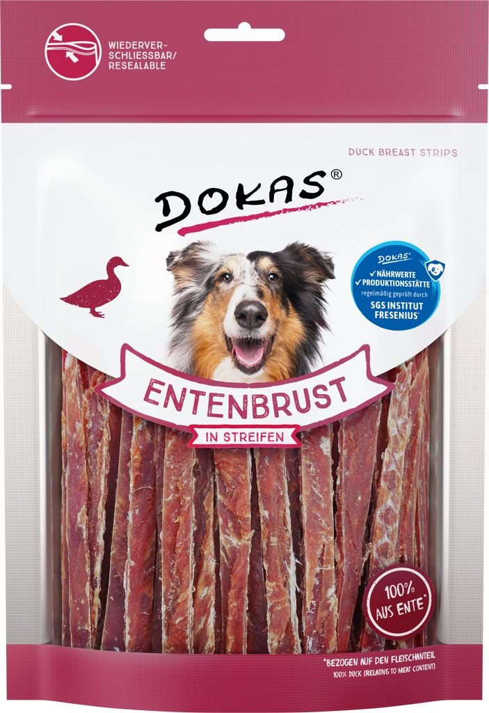 Dokas – Kačacie prsia prúžky 250 g Maškrty pre psov
