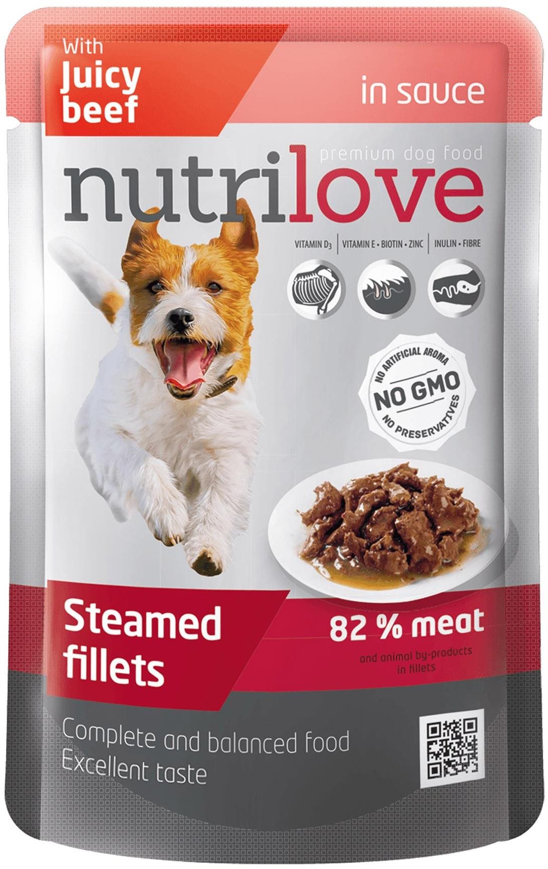 Nutrilove dusené filetky hovädzie v omáčke 85 g Kapsička pre psov