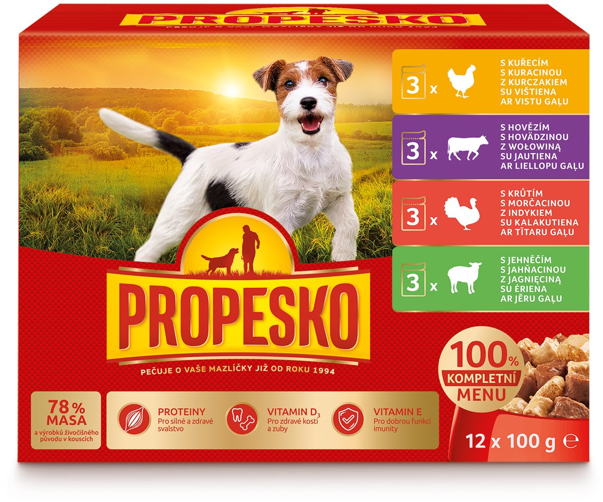 Propesko vrecko pes kura + hovädzie + morka + jahňa 12 × 100 g...