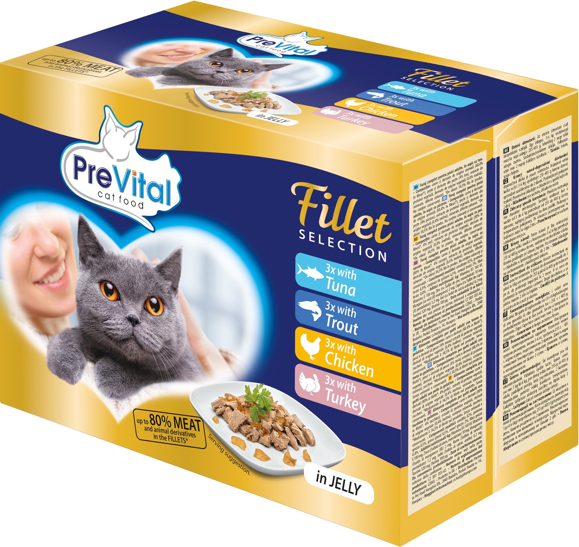 Prevital NATUREL dusené filetky v želé 12× 85 g Kapsička pre mačky