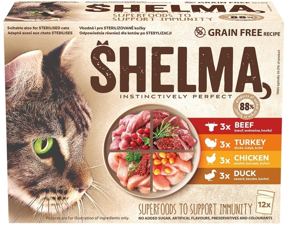 Shelma, kapsička pre mačky, 4 druhy mäsa, 12× 85 g Kapsička pre mačky