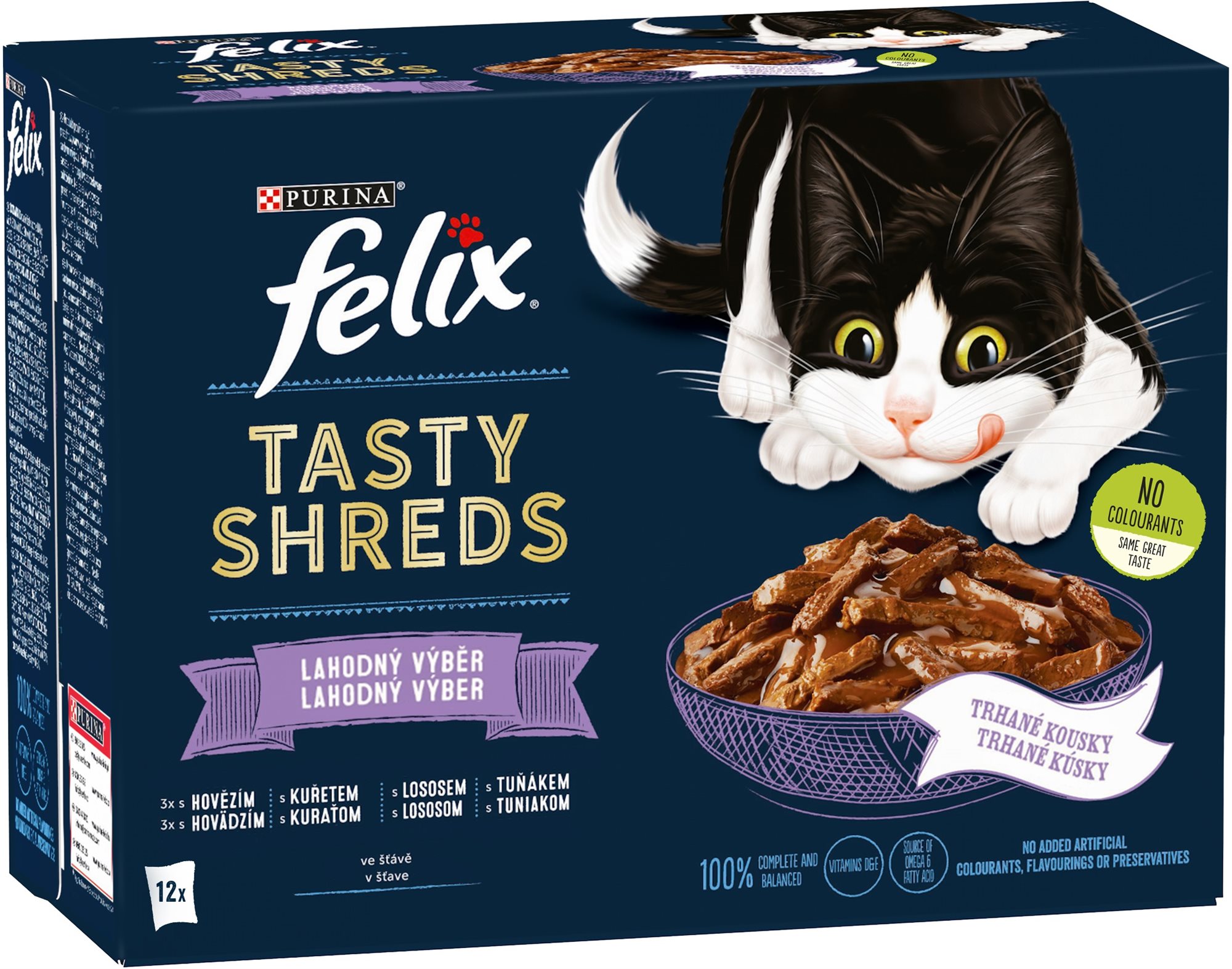 Felix Tasty Shreds výber mix v šťave 12 × 80 g Kapsička pre mačky