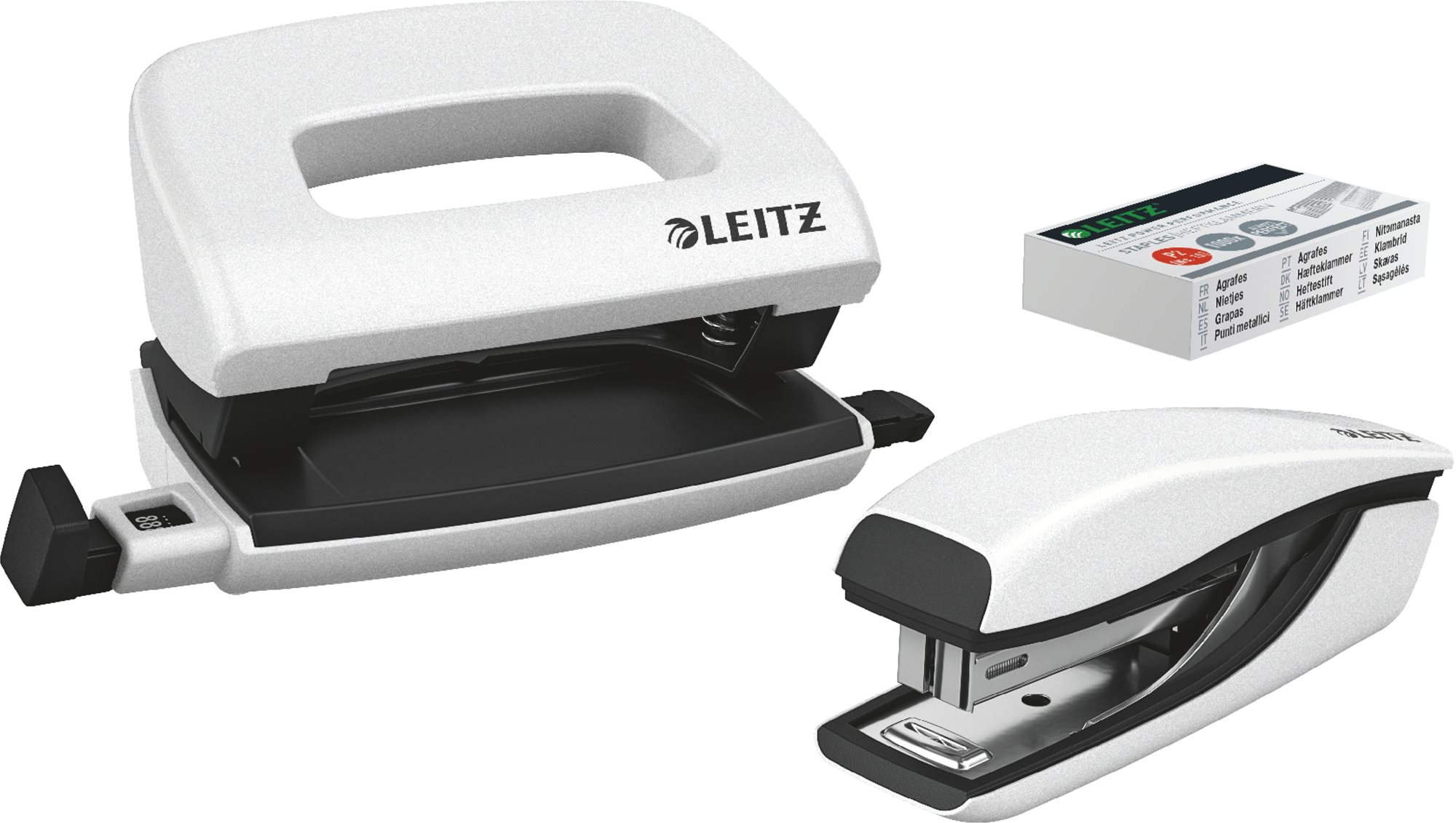Leitz WOW zošívačka + dierovač, metalická biela Sada kancelárskych...