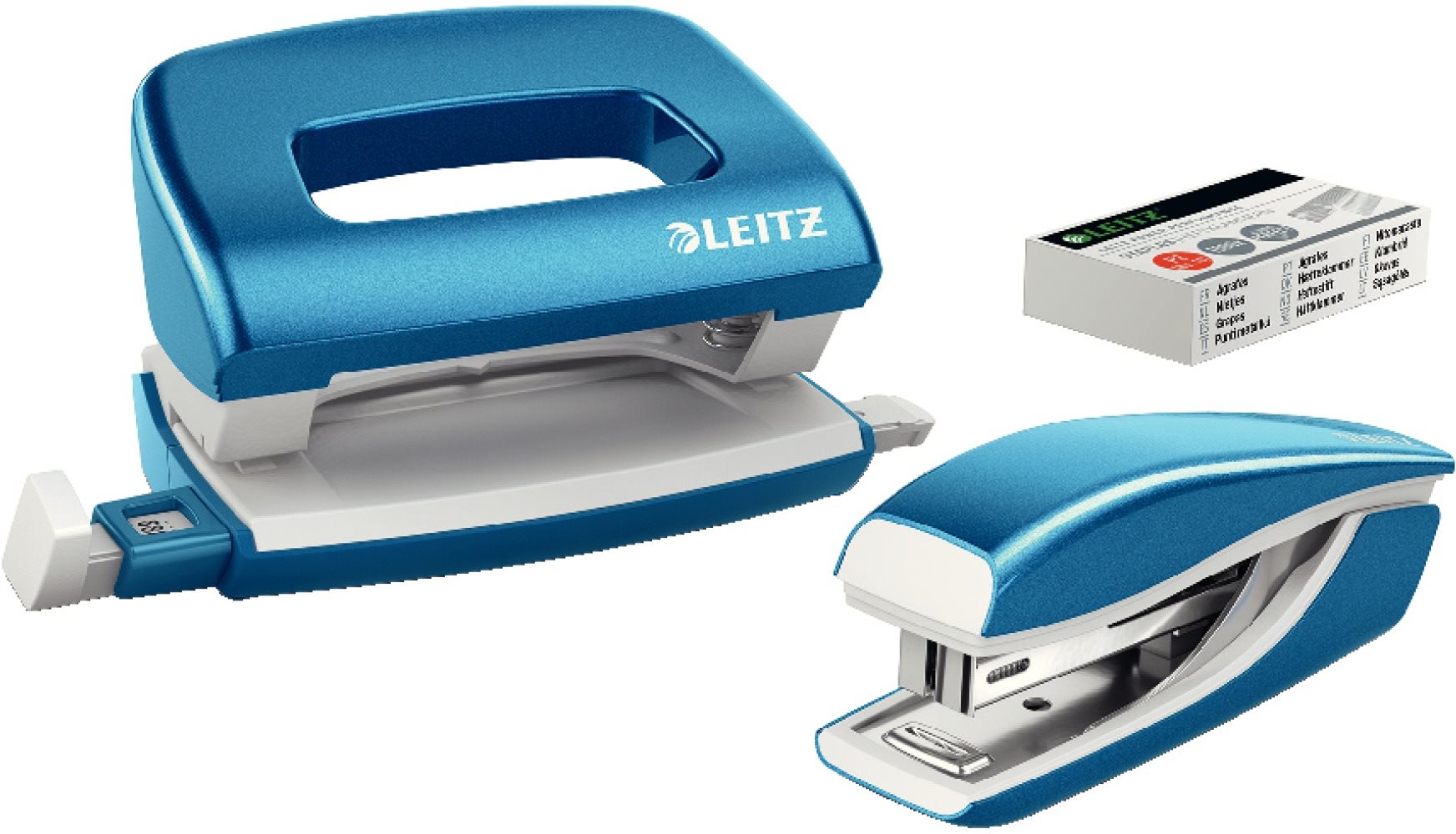 Leitz WOW zošívačka + dierovač, metalická modrá Sada kancelárskych...