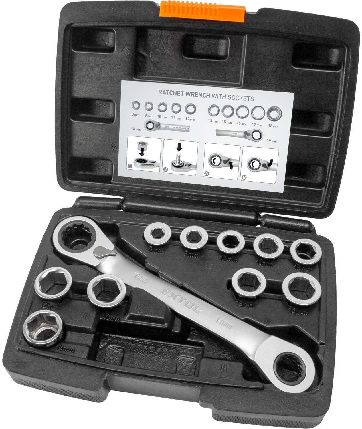 EXTOL PREMIUM Kľúč račňový tvarovaný a vložky, sada 11 ks, 8 – 19...