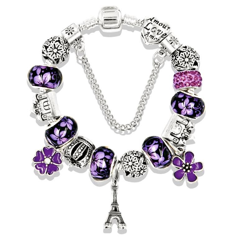 Silver Star Náramok – Eiffelova veža Purple Bead – 21 cm Náramok